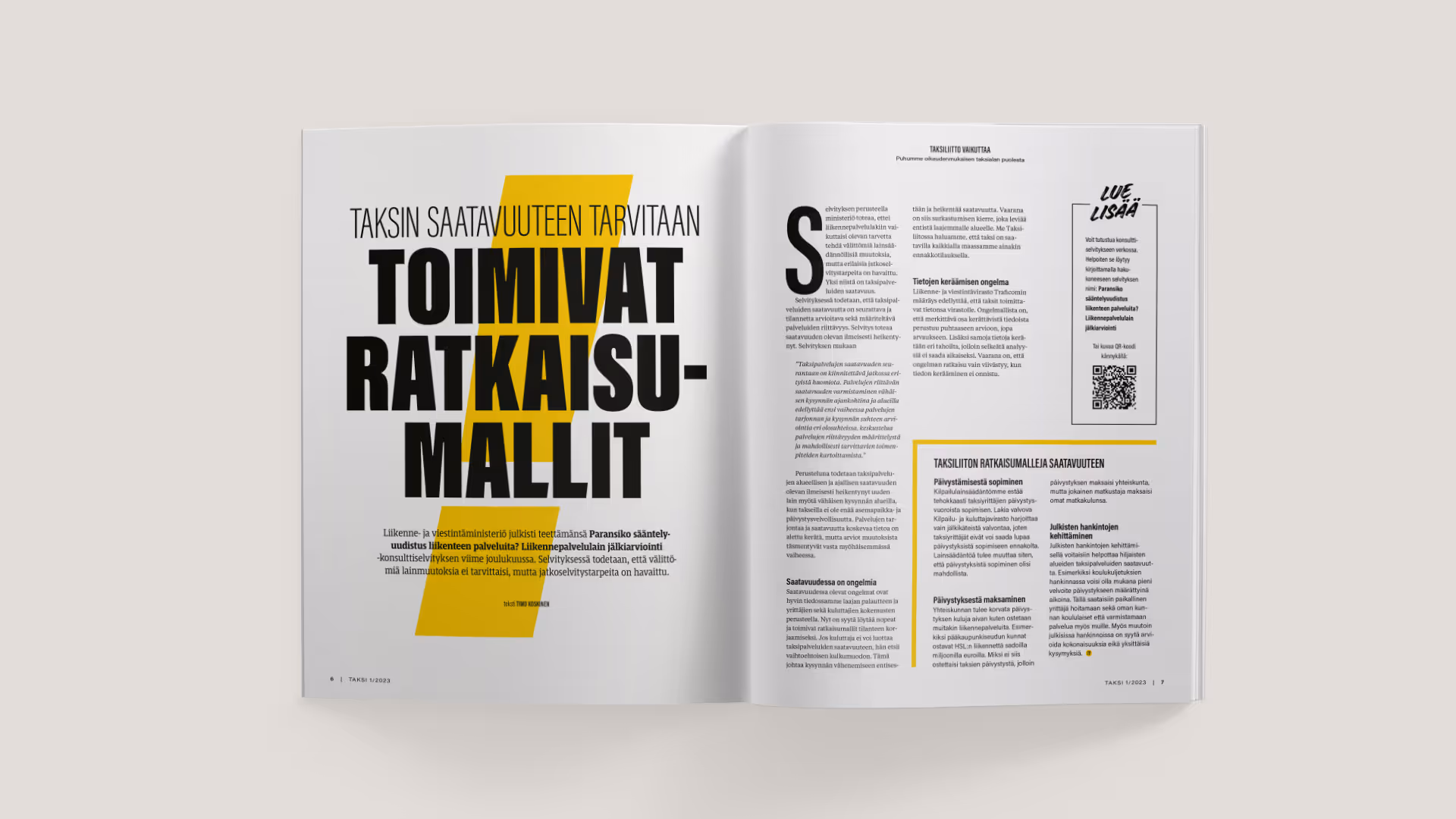 Taksiliitto vaikuttaa -aukeamajutun ulkoasu, jossa on iso otsikko kuvitettuna keltaisella huutomerkillä. Oikealle sivulle on taitettu jutun leipäteksti.