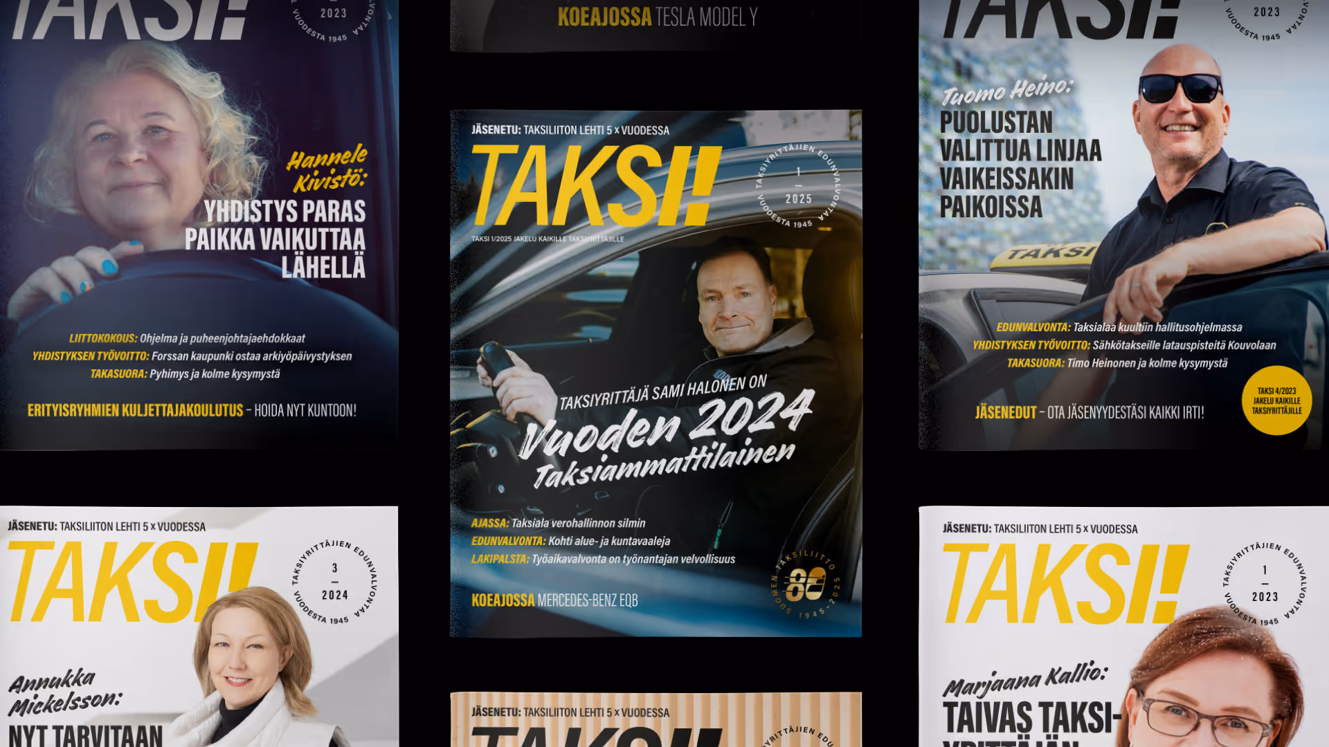 Kokoelma Taksi-lehden kansia.