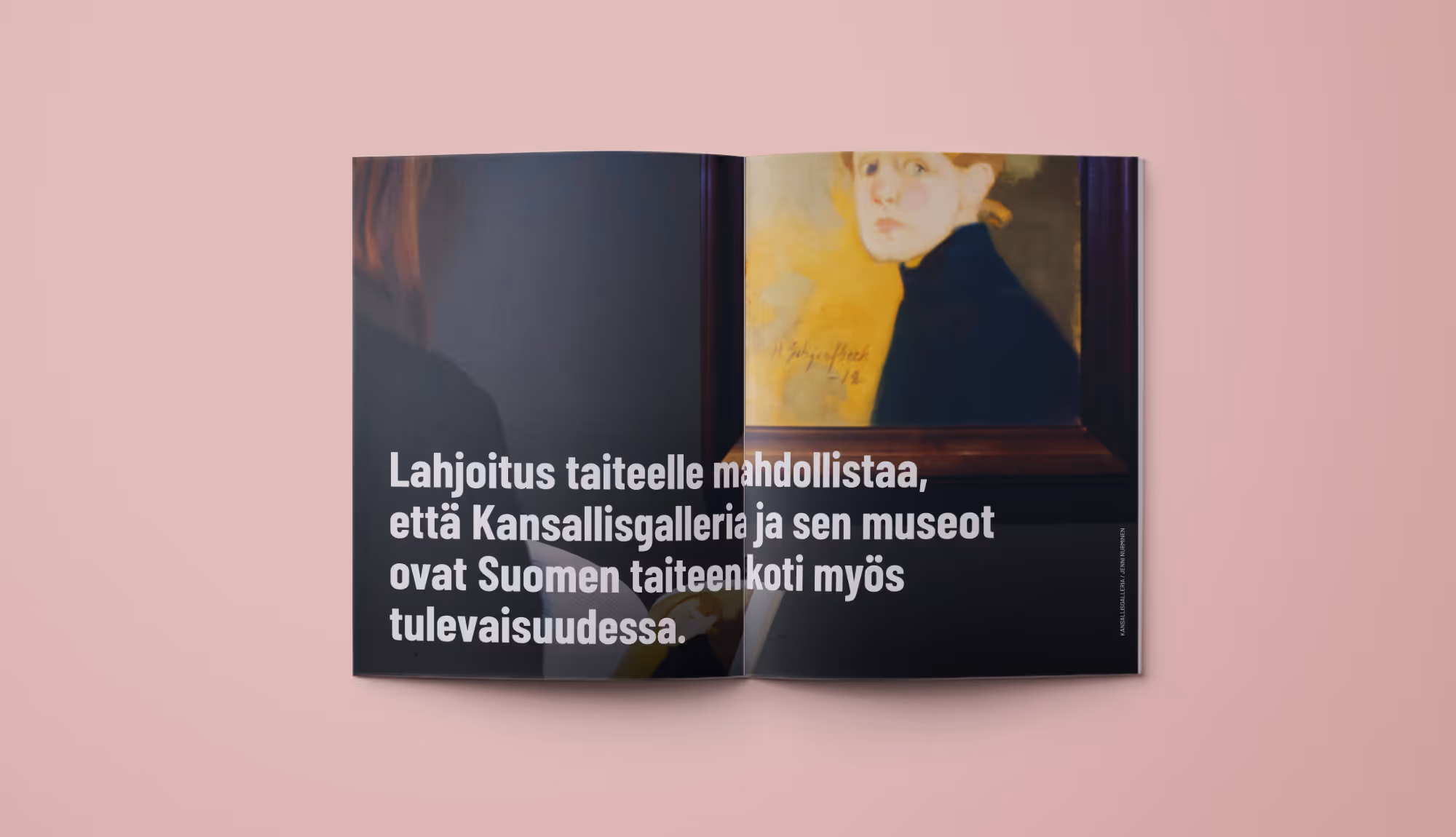 Kuva-aukeama sitaatilla. Tekstissä lukee: "Lahjoitus taiteelle mahdollistaa, että Kansallisgalleria ja sen museot ovat Suomen taiteen koti myös tulevaisuudessa." Taustalla näkyy Helene Schjerfbeckin omakuvamaalaus.