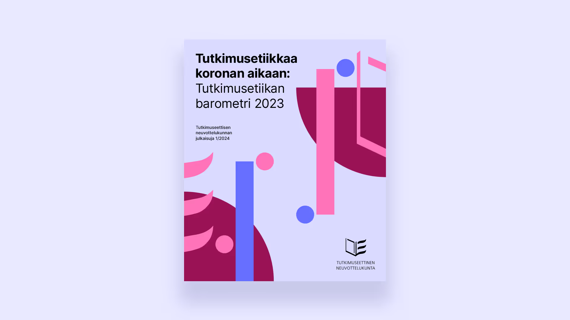 Tutkimusetiikan barometrin kansi. Kansikuvassa tilastografiikasta tutut geometriset muodot yhdistyvät leijuvaksi sommitelmaksi. Väreinä tumma magenta, kirkas pinkki, sininen ja vaaleansininen. Otsikko on taitettu vasepaan yläkulmaan.