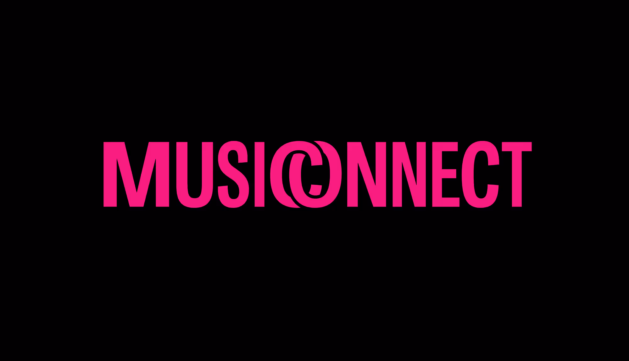 Magenta Musiconnect-logo mustalla taustalla. Nimi on kirjoitettu kapein versaalikirjaimin. Nimen keskellä C- ja O-kirjaimet kietoutuvat toisiinsa.