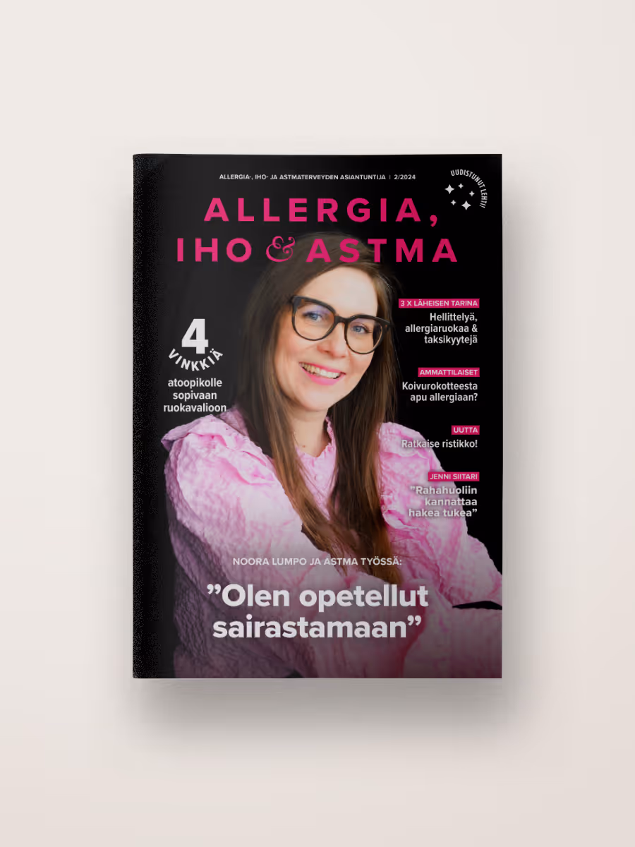 Allergia, iho ja astma -lehden ulkoasu-uudistus, lehden kansi.