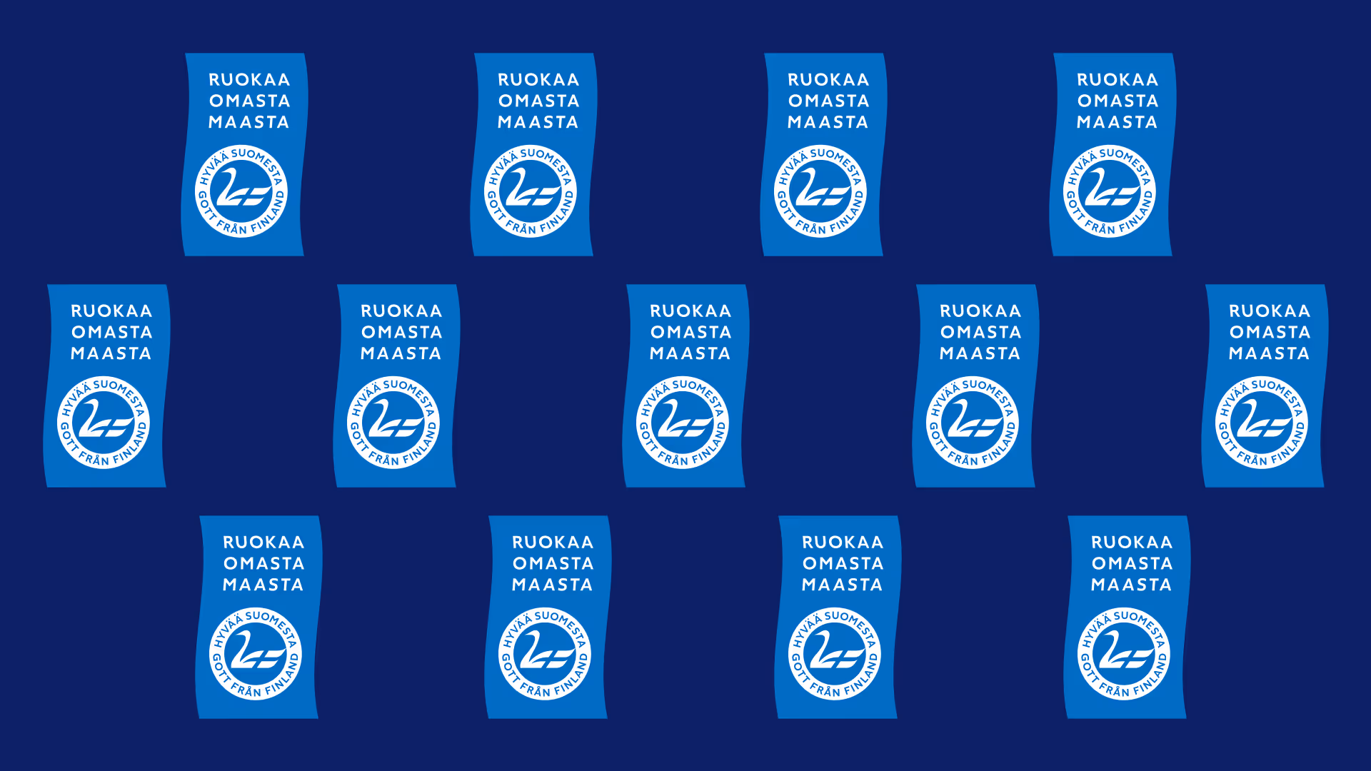 Kokoelma pystymuotoisia Hyvää Suomesta -merkkejä tummansinisellä taustalla.