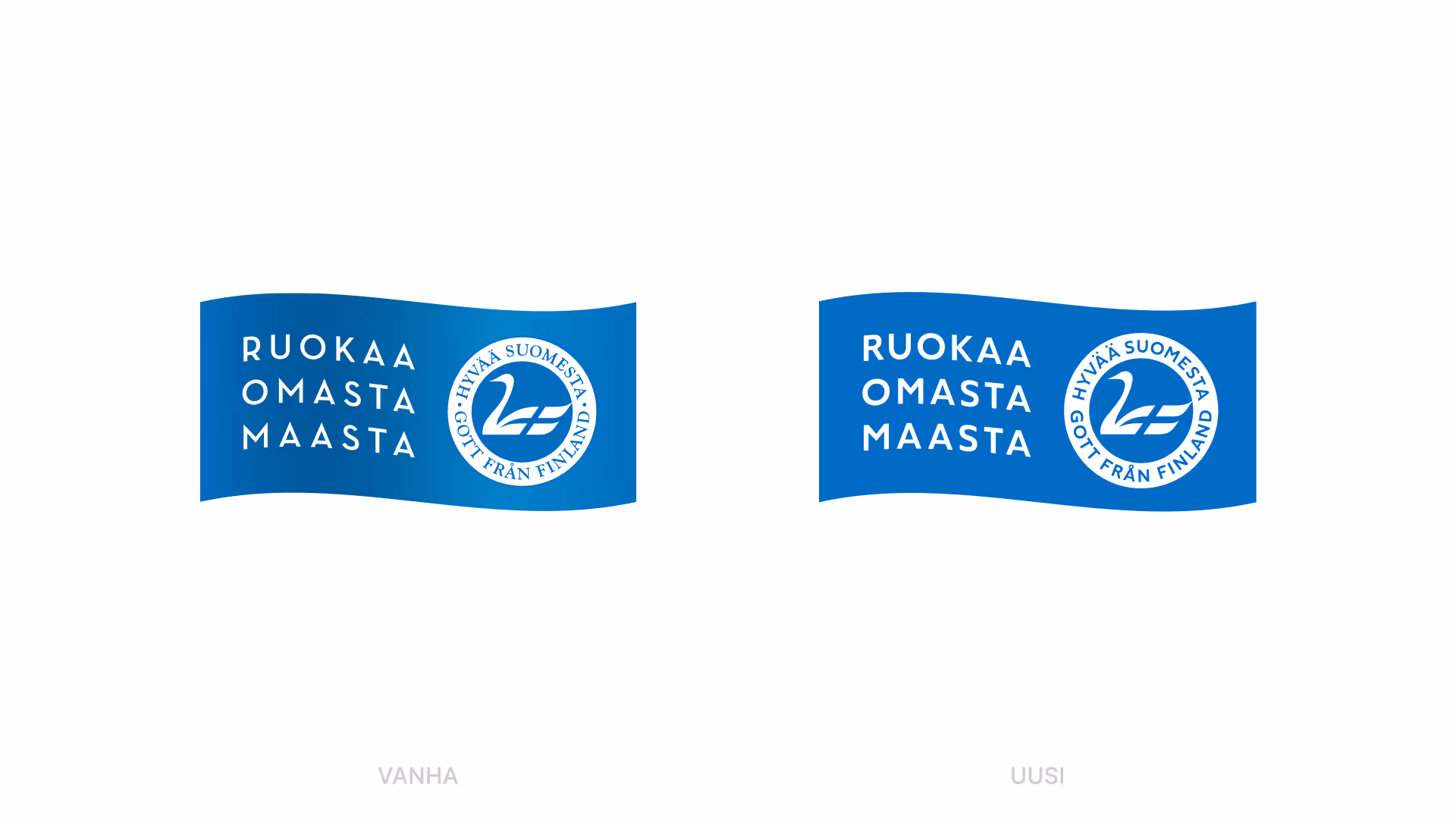 Vanha ja uusi merkki vaakamuotoisena lippuna. Merkki koostuu pyöreästä ympyrästä, jonka sisällä on valkoinen joutsen ja teksti Hyvää Suomesta Gott från Finland. Merkin oikealla puolella lukee teksti Ruokaa omasta maasta.