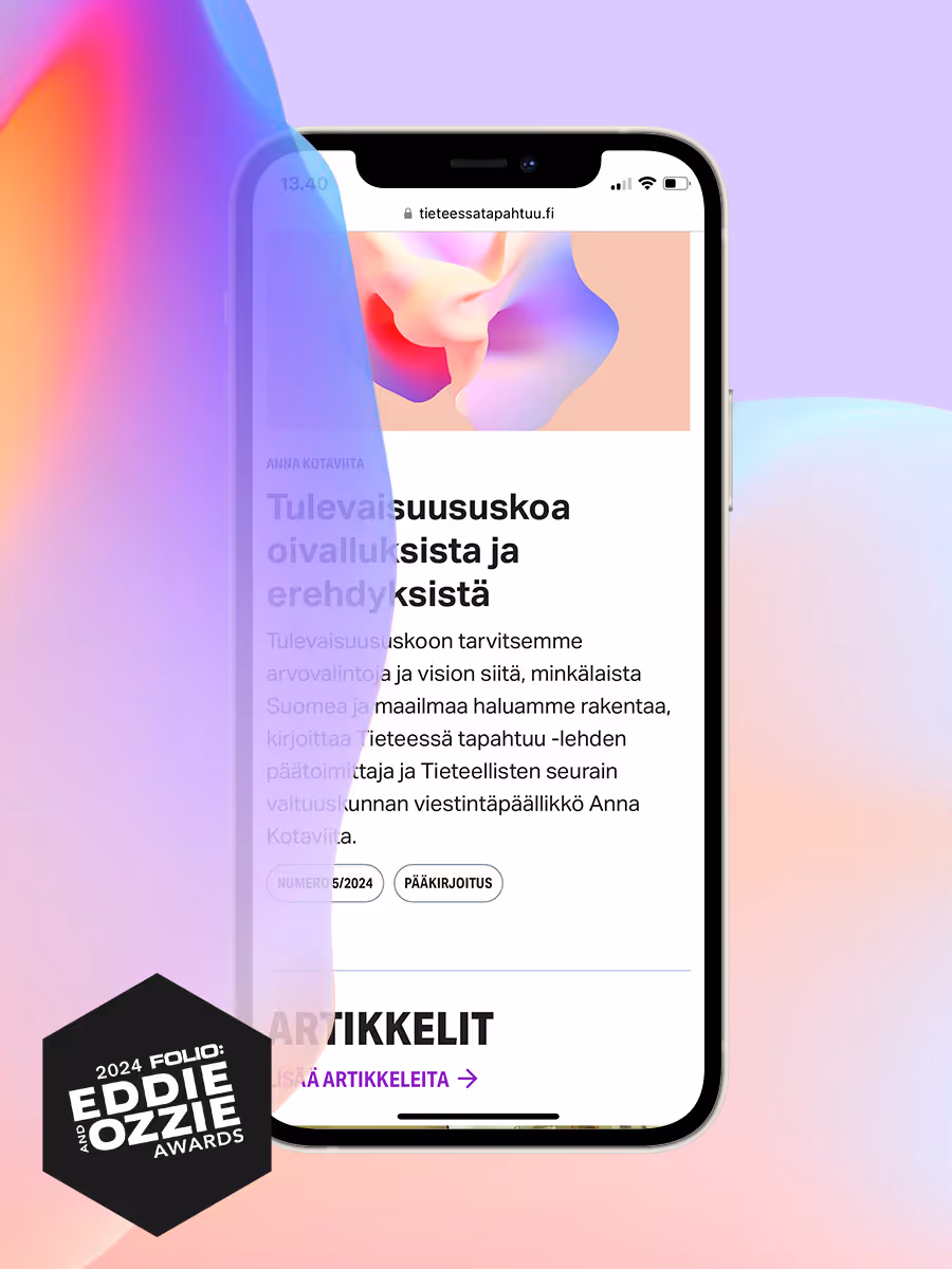Tieteessä tapahtuu -verkkolehden ulkoasu kännykän ruudulla.