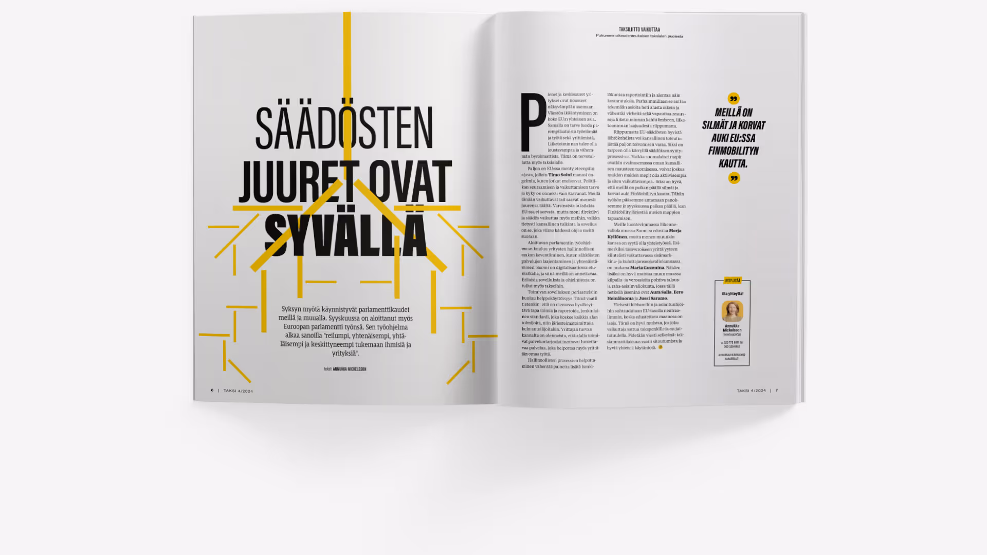 Taksli-lehden ulkoasu, artikkelin kuvitus ja taitto.