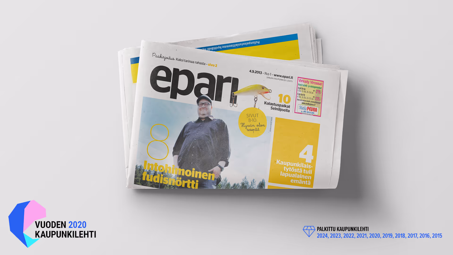 Epari-kaupunkilehden lehtiuudistus, lehti taitettuna pöydällä. Epari on palkittu lukuisia kertoja kaupunkilehtikilpailuissa ja vuonna  2020 se valittiin Vuoden Kaupunkilehdeksi.