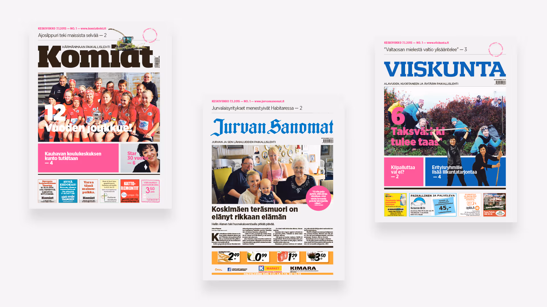 Komiat, Jurvan Sanomat ja Viiskunta -paikallislehtien ulkoasu-uudistus, lehtien kansia.