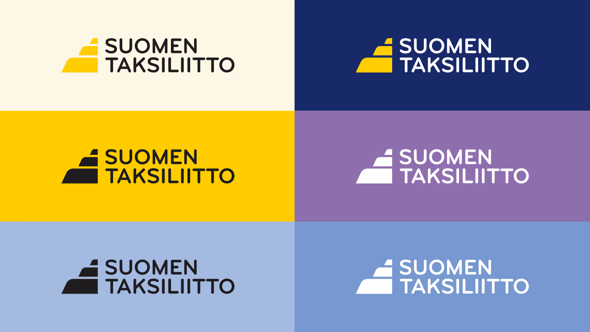 Taksiliiton tunnus visuaalisen ilmeen värien kanssa.