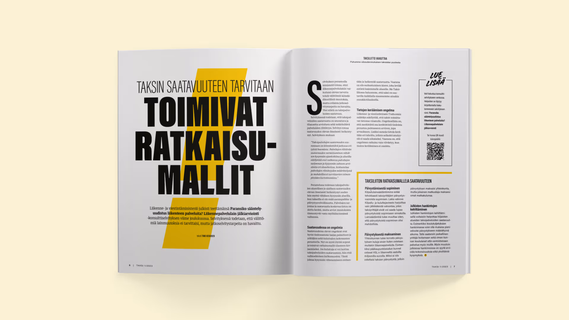 Taksi-lehden aukeamataittoa keltaisella korostevärillä ja vahvalla typografialla.