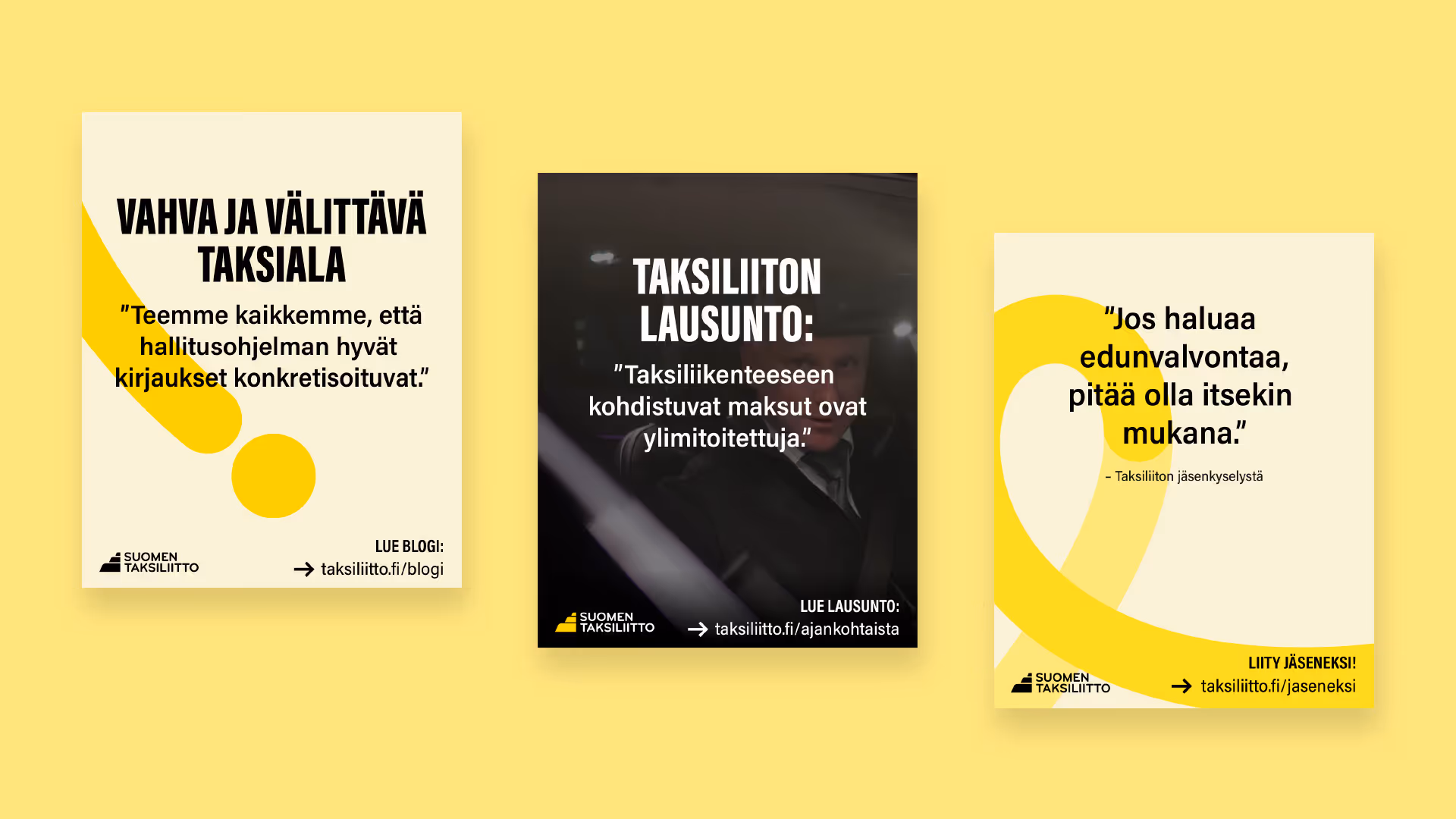 Esimerkkejä sosiaalisen median postausten ulkoasusta. Ilmeessä yhdistyvät keltainen tunnusväri, vahva typografia ja keltaiset matka-grafiikat.