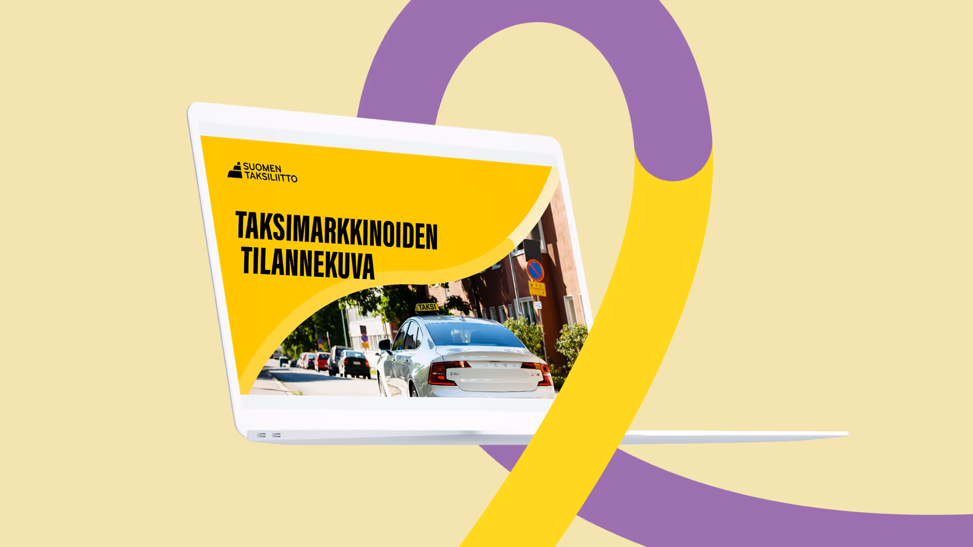 Taksiliiton tilannekuva -raportin kansi tietokoneen ruudulla.