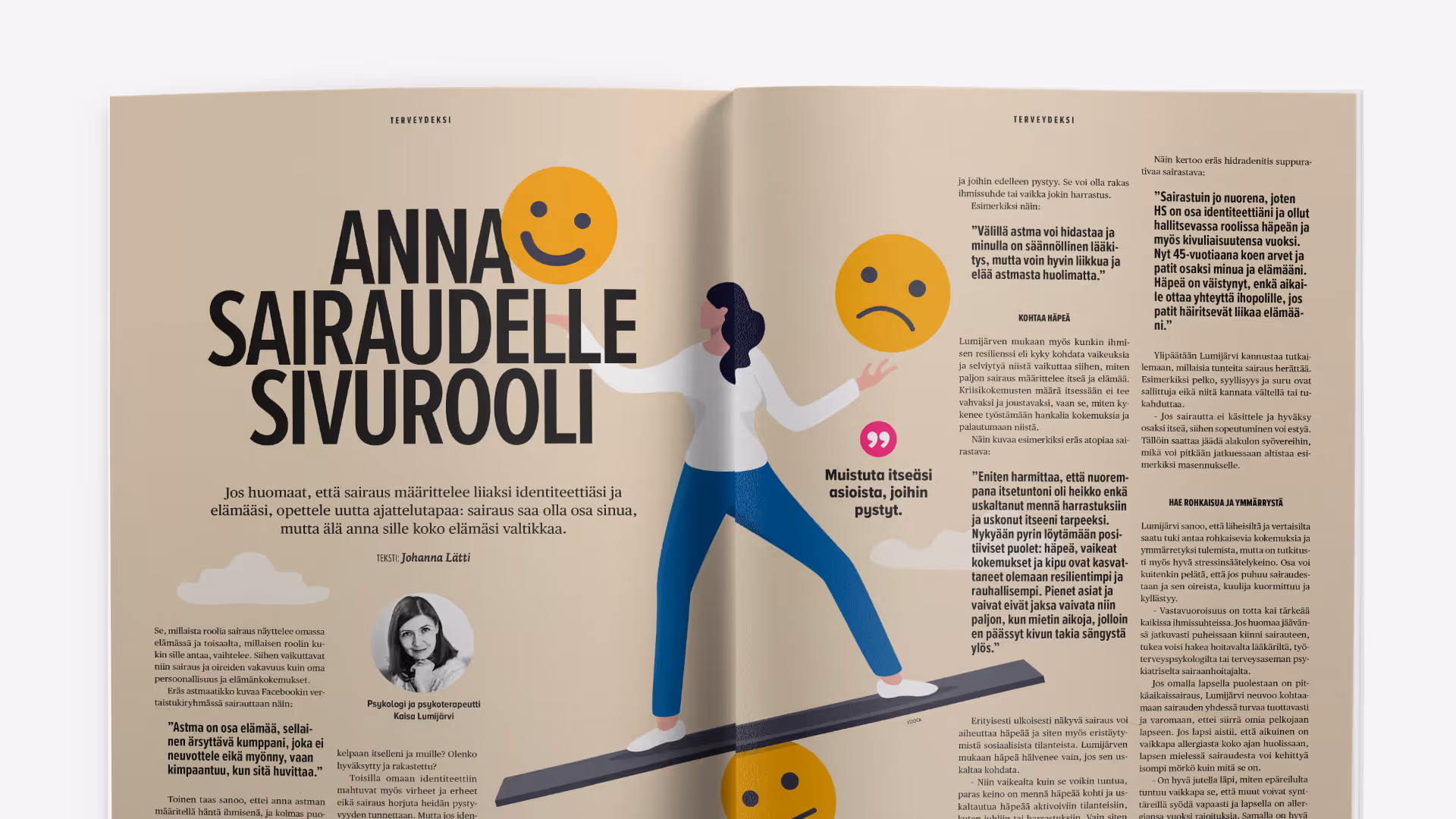 Allergia, iho ja astma -lehden ulkoasu ja taitto, aukeamajuttu kuvituksella
