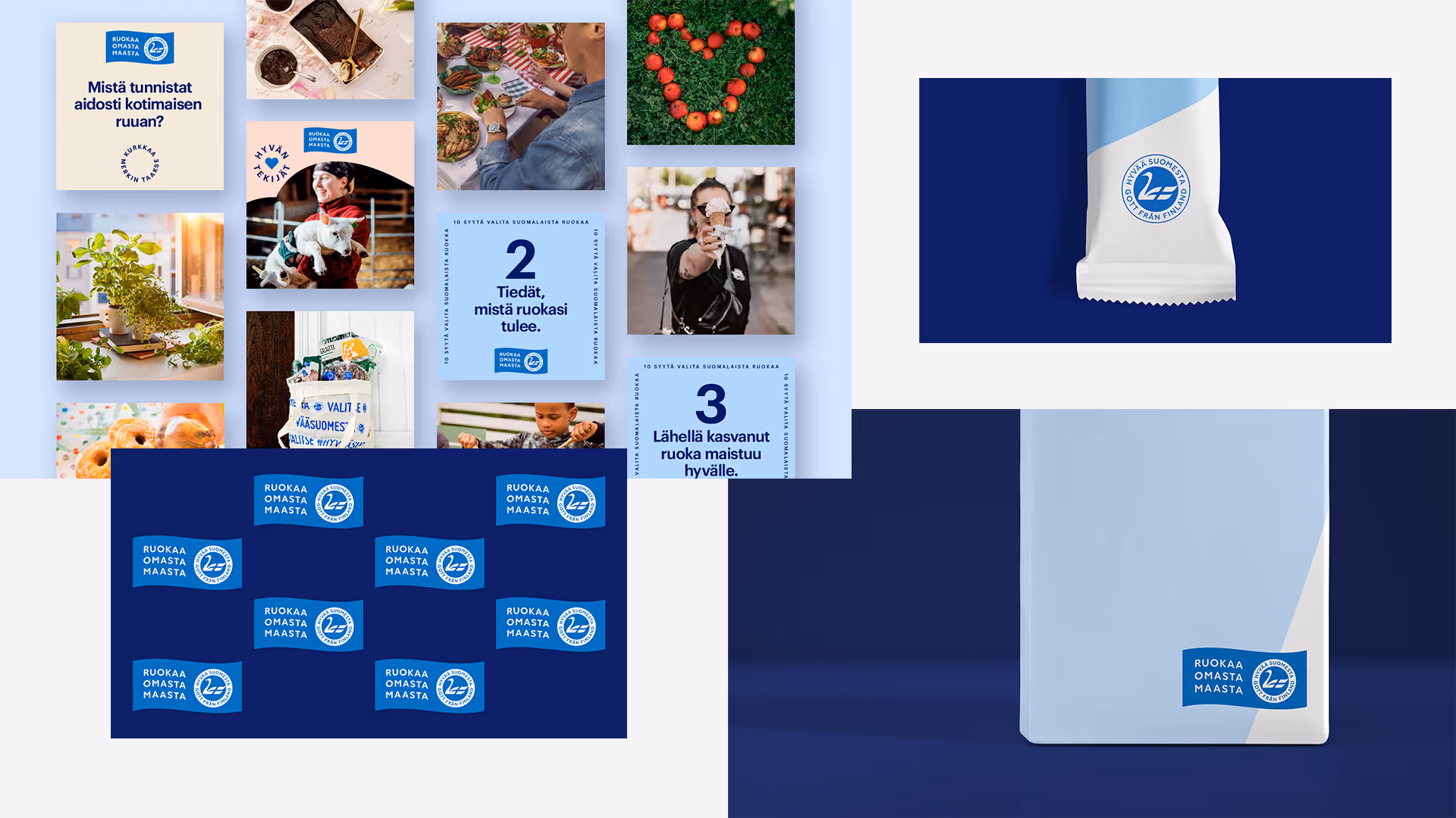 Hyvää Suomesta -merkin ja visuaalisen ilmeen uudistuksen esimerkkejä sosiaalisesta mediasta ja pakkauksista.