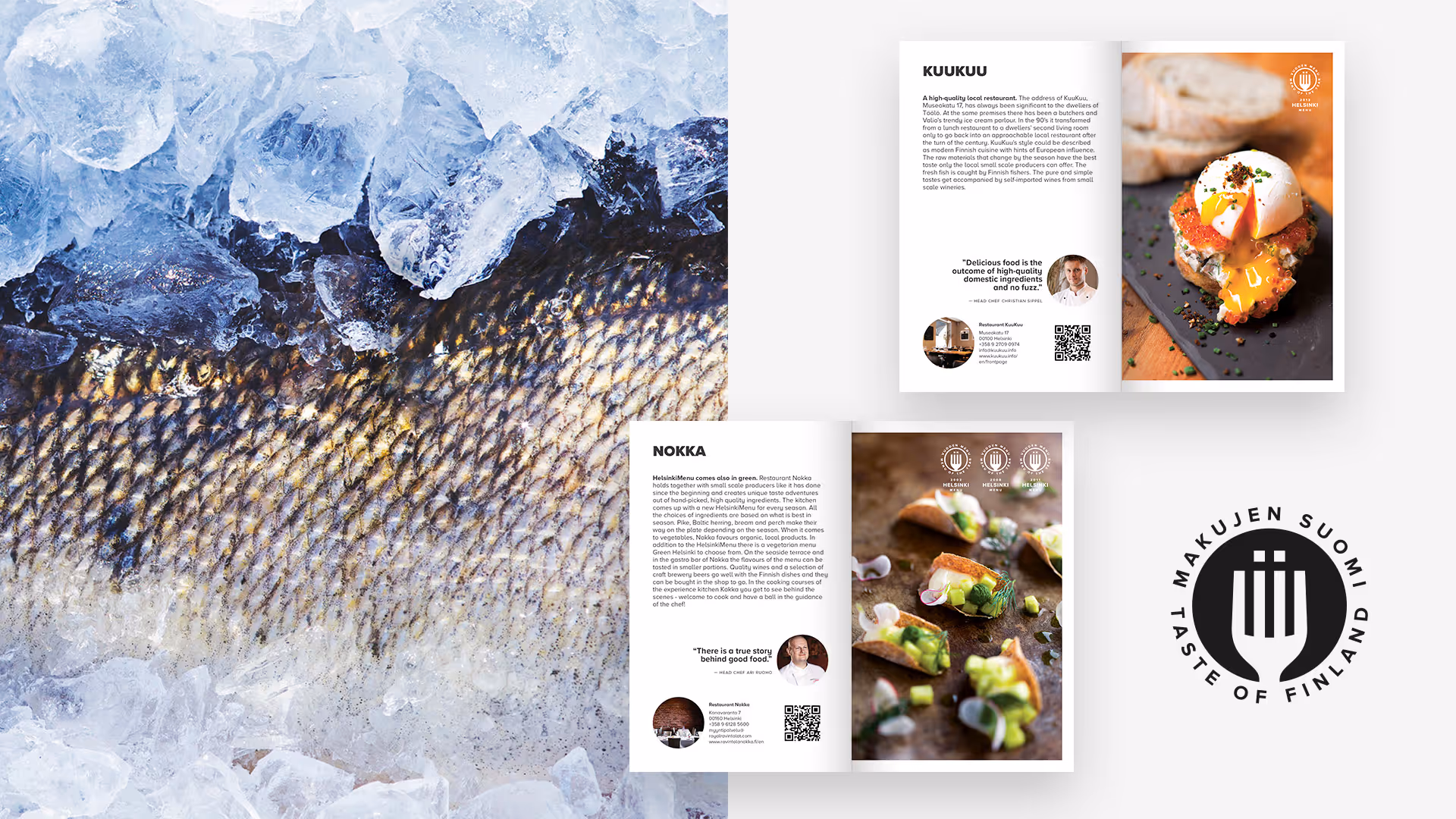 Taste of Finland -tunnus, visuaalinen ilme ja ravintolaopas. Taustalla kuva kuhan suomuisesta kyljestä jääpalojen keskellä.