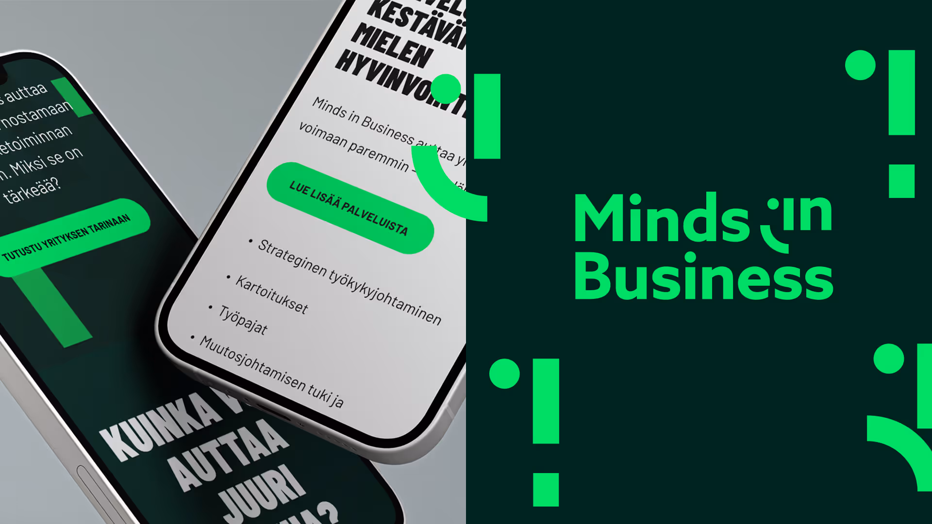 Minds in Business -yritysilmeen verkkosivut ja logo