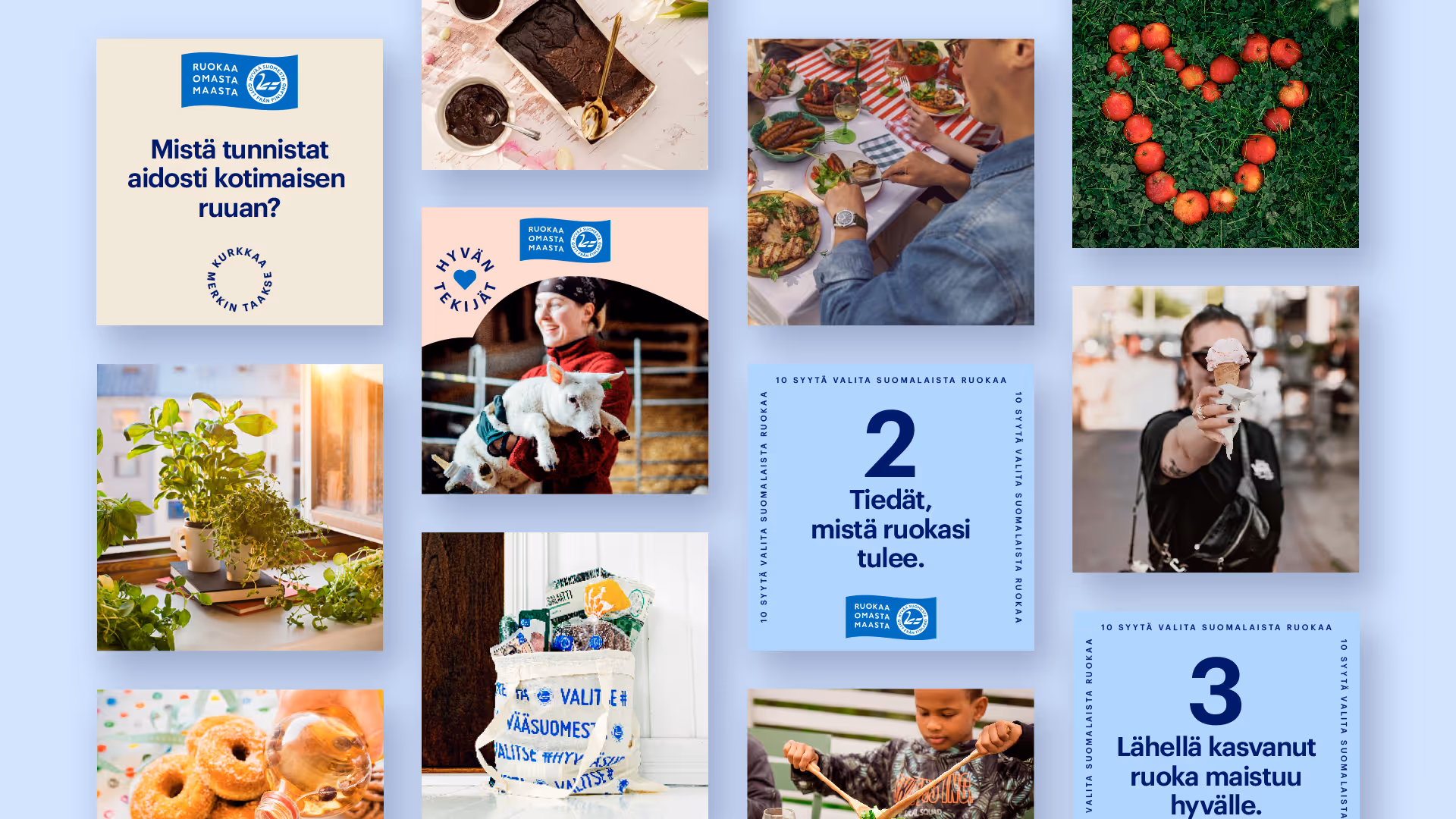 Esimerkkejä Hyvää Suomesta -merkin visuaalisesta ilmeestä sosiaalisessa mediassa.