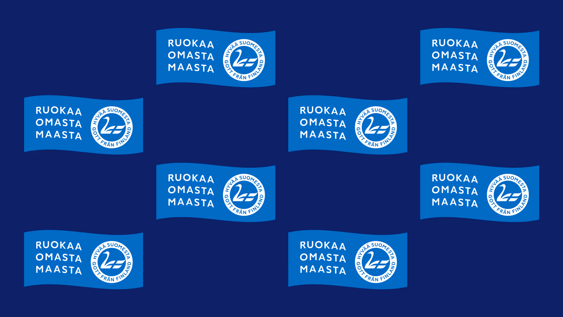 Hyvää Suomesta -merkin uudistus. Hyvää Suomesta -merkkejä tummansinisellä taustalla.