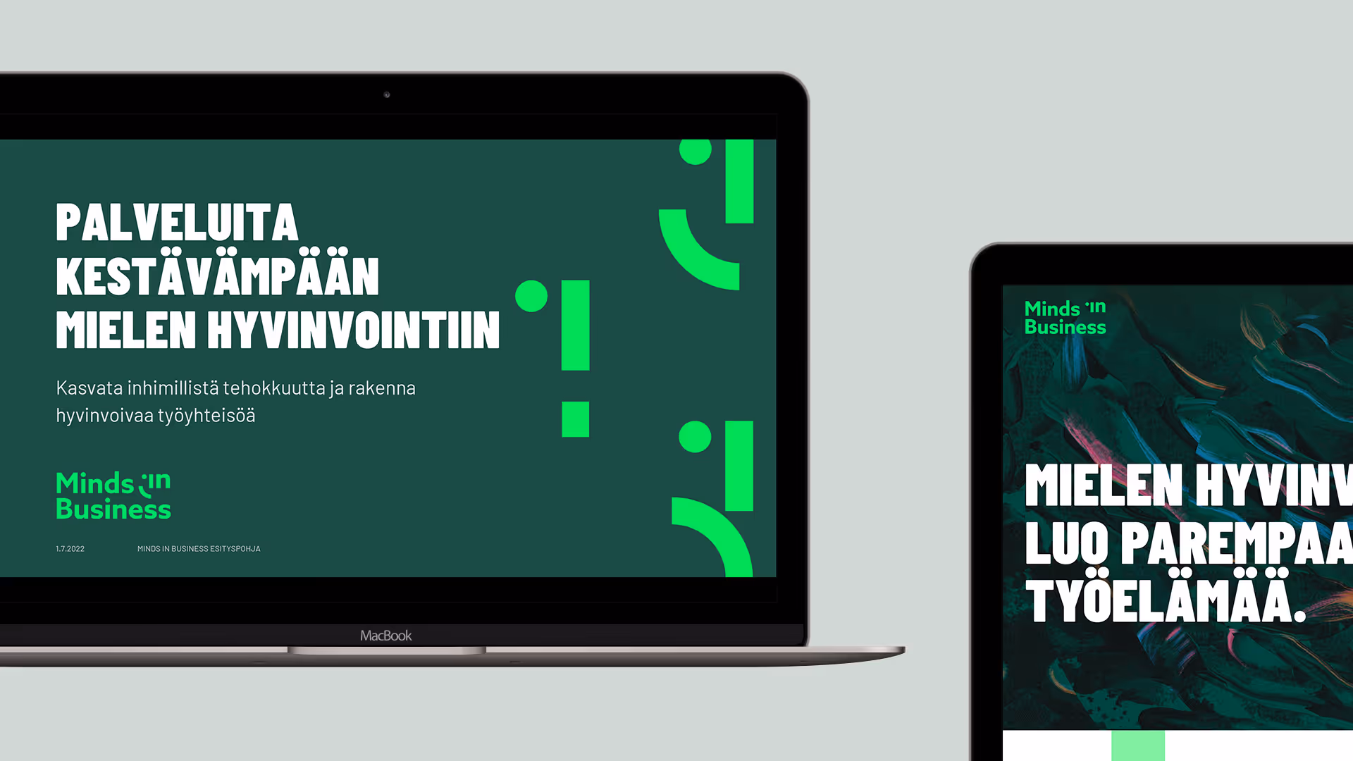 Minds in Business PowerPoint esityspohjan ilme ja verkkosivut.