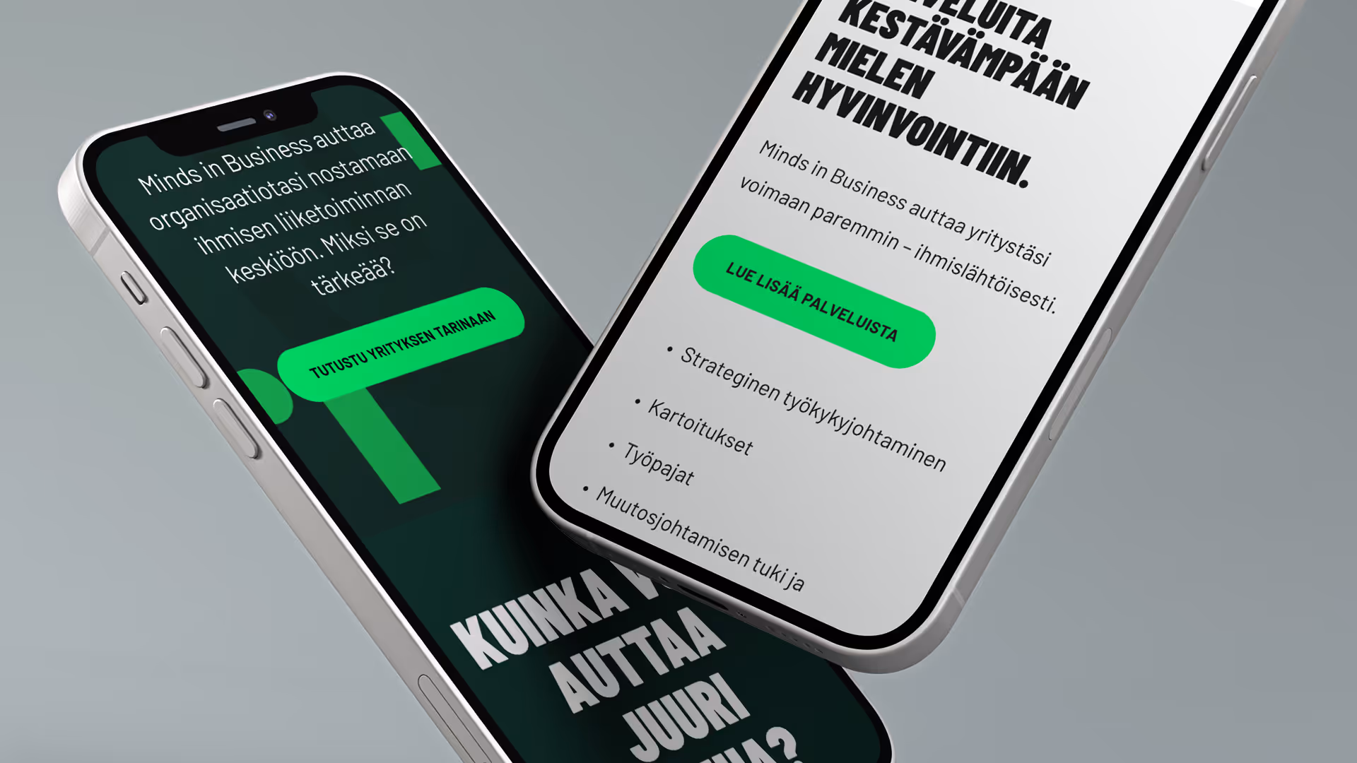 Minds in Business yrityksen verkkosivut kännykän ruudulla.