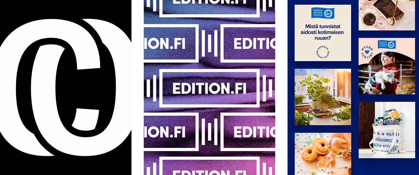 Musiconnect-tutkimushankkeen logo. Edition.fi-verkkopalvelun logo. Hyvää Suomesta -merkin ilme somesisällöissä.