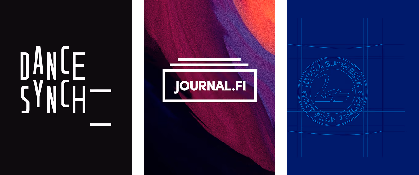 Dance Synch -tutkimushankkeen logo. Journal.fi-verkkopalvelun logo. Hyvää Suomesta -merkin rakenne ja osa.