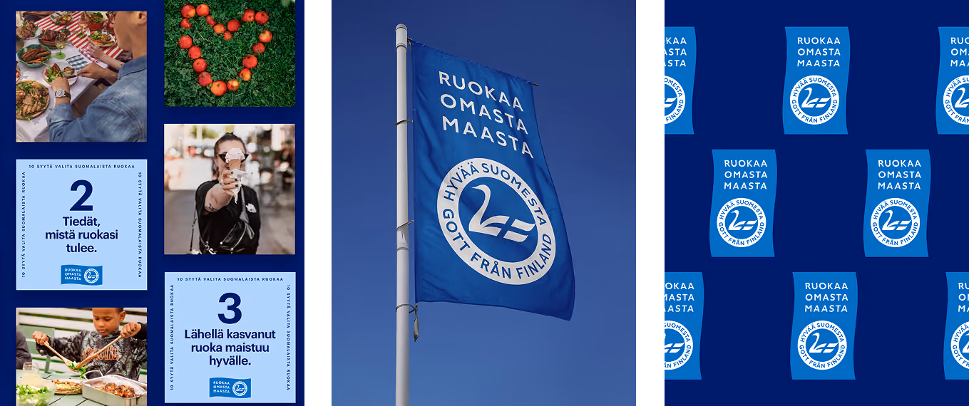 Hyvää Suomesta -merkin uudistus: sosiaalisen median ilmettä, lipputangossa liehuva lippu, kokoelma pystymuotoisia merkkejä.