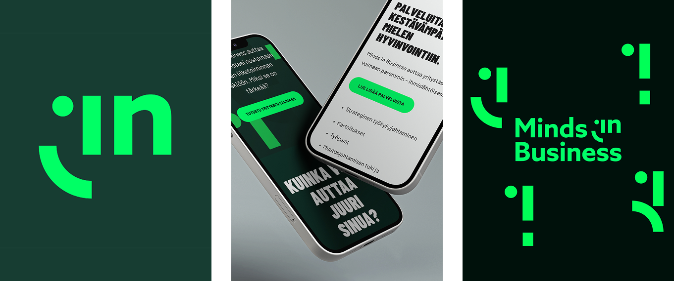 Minds in Business -yritysilme, verkkosivut kännykän ruudulla ja logo.