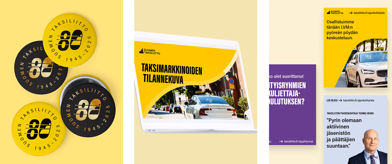 Taksiliiton visuaalisen ilmeen uudistus ja värimaailma. Sosiaalisen median ilme ja julkaisut.