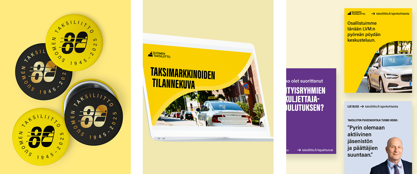 Taksiliiton visuaalisen ilmeen uudistus ja värimaailma. Sosiaalisen median ilme ja julkaisut.