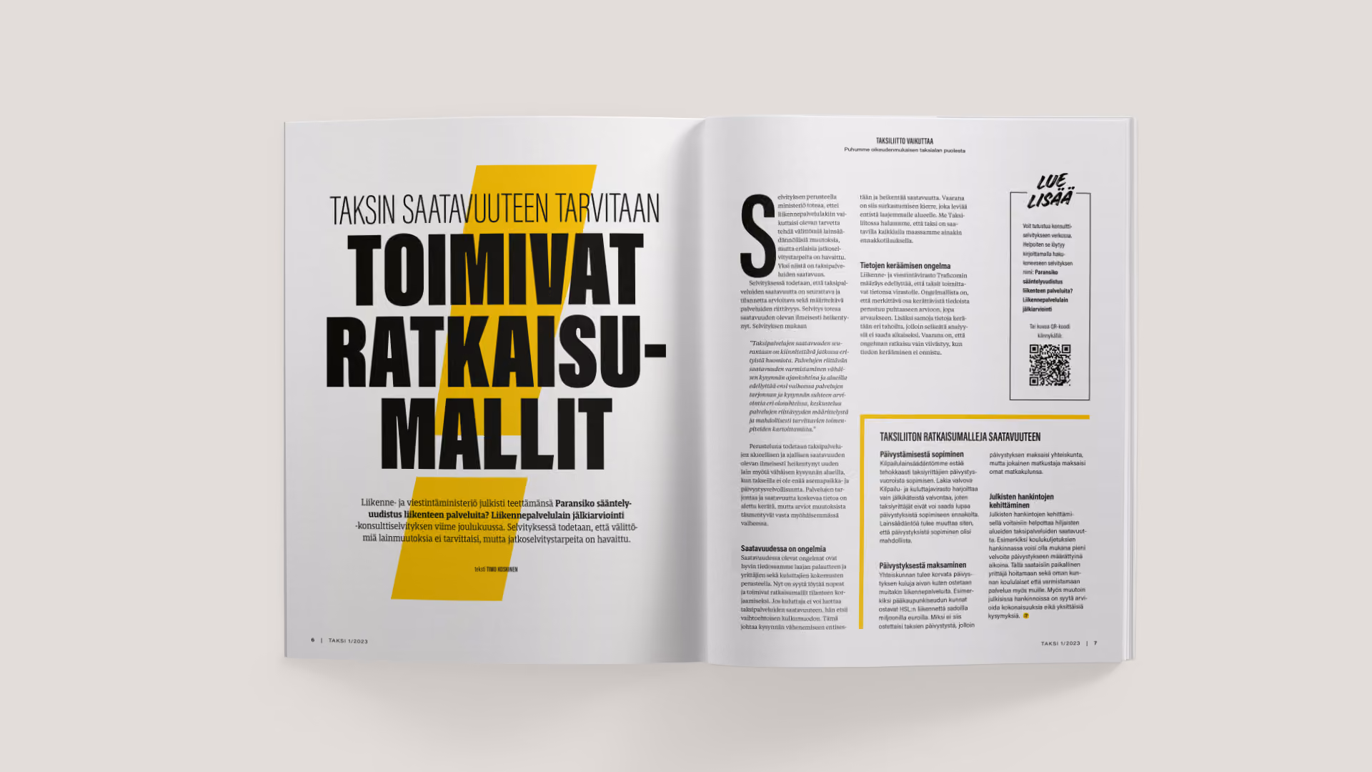 Lehden ulkoasusuunnittelu ja taitto: Taksi-lehden artikkeli.