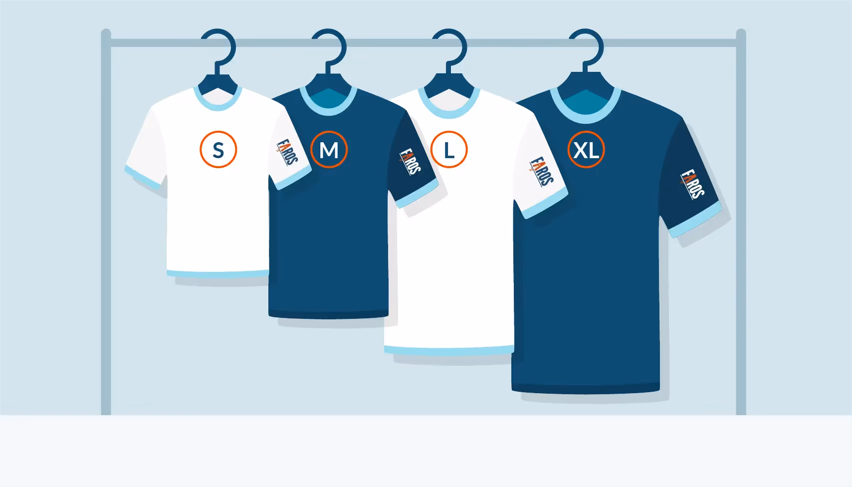 On a light blue background, a rack of t-shirts in alternating blue and white with the Faros AI logo on their sleeve are hanging. The image conveys the popular estimation practice of T-shirt sizing from S to XL. Banner image.
