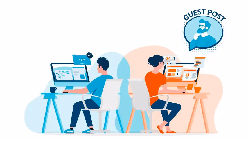 Two developers sit side by side and back to back; a speech bubble of a man indicates a guest post.