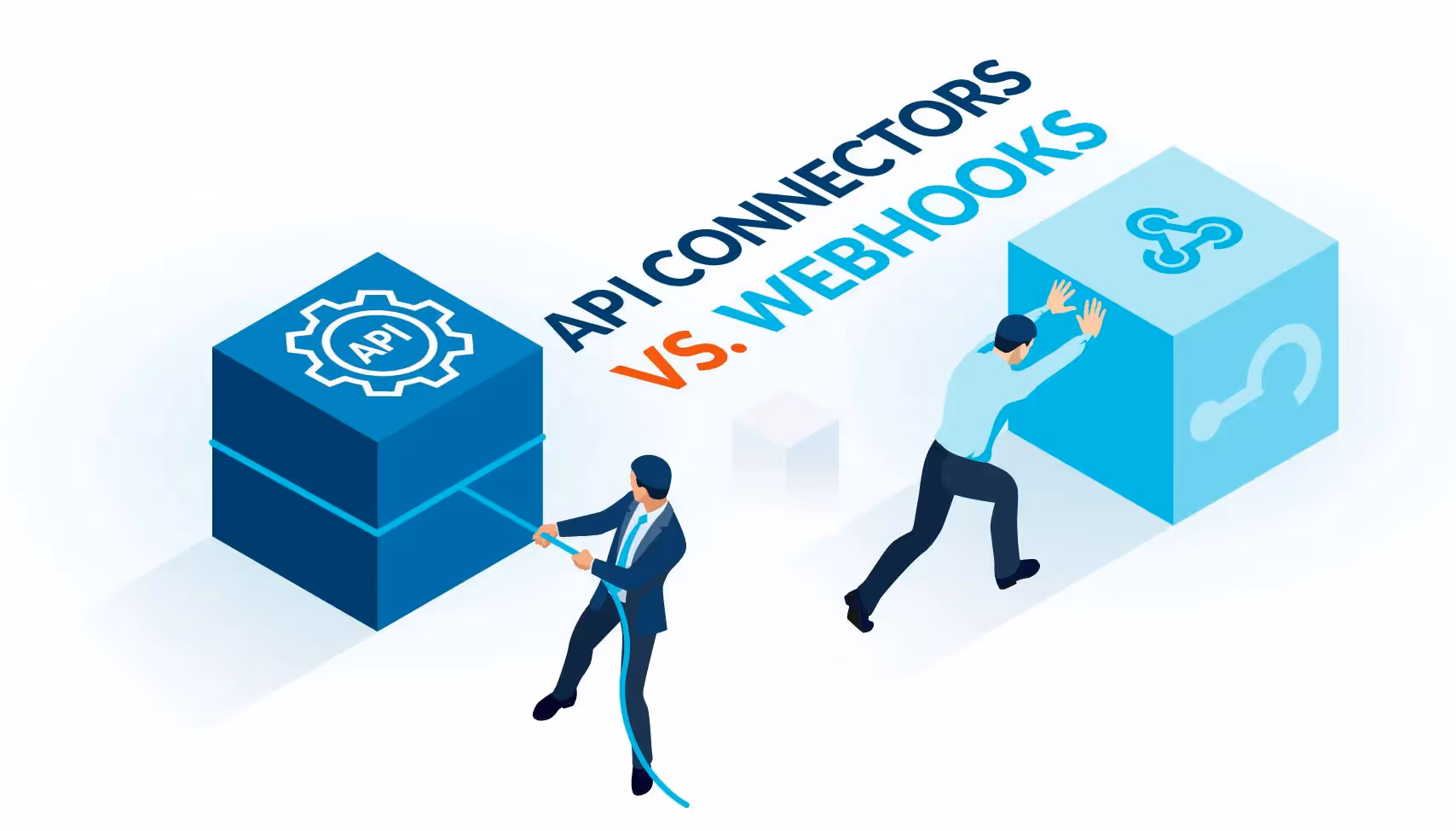 Blog banner image depicting the difference between pull and push when comparing API connectors to webhooks