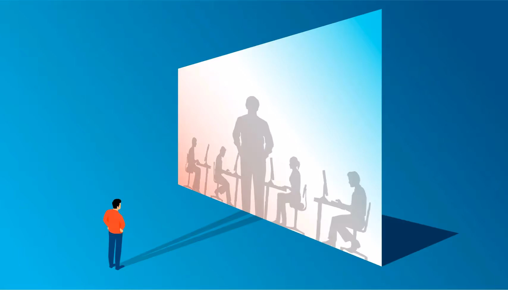 Banner image with illustration of a man considering his reflection as a leader of engineering teams.