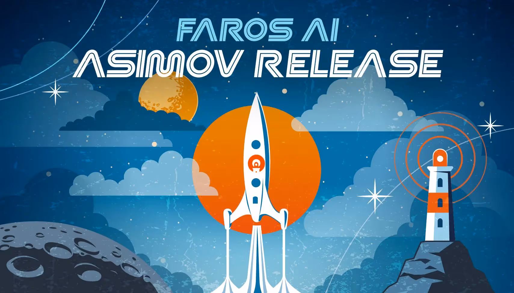Faros AI Asimov Release banner image evokes the imagery of Isaac Asimov's books, featuring planets, clouds, spacecraft, and a lighthouse