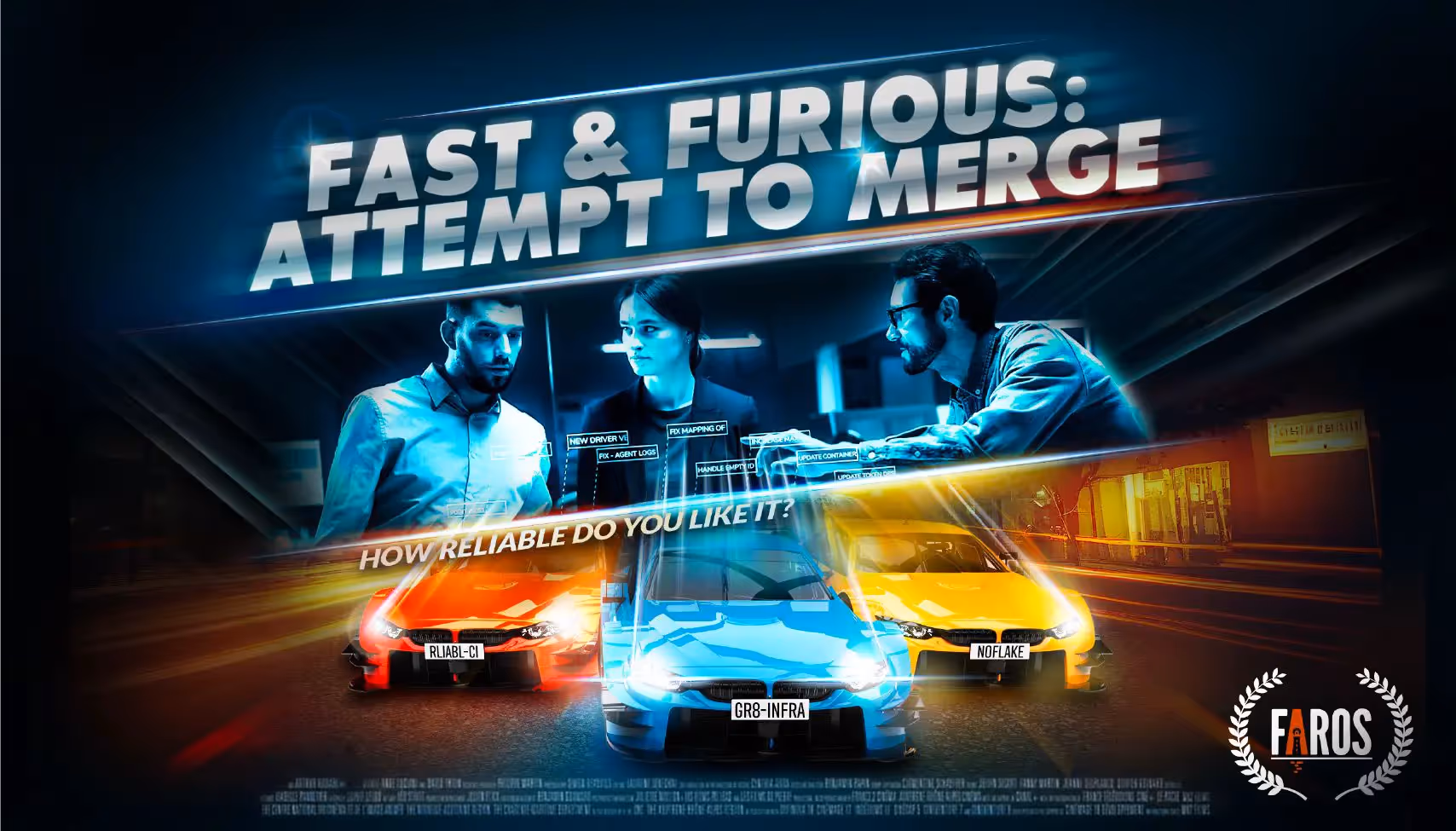 Inspired by movie posters for the Fast and Furious franchise, this banner image shows three developers attempting to merge their code as three race cars merge onto a track.