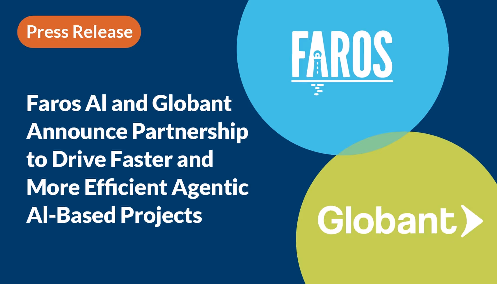 Image featuring a press release announcement with the text: 'Faros AI and Globant Announce Partnership to Drive Faster and More Efficient Agentic AI-Based Projects.' The Faros AI logo is displayed in a light blue circle, and the Globant logo is shown in a green circle, set against a dark blue background.