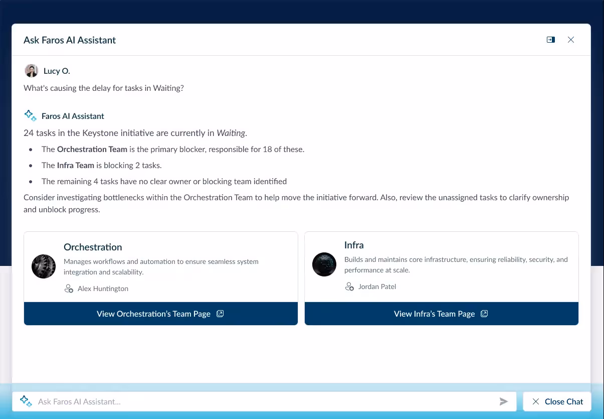 A chat interface within Faros AI about delays in the Keystone initiative