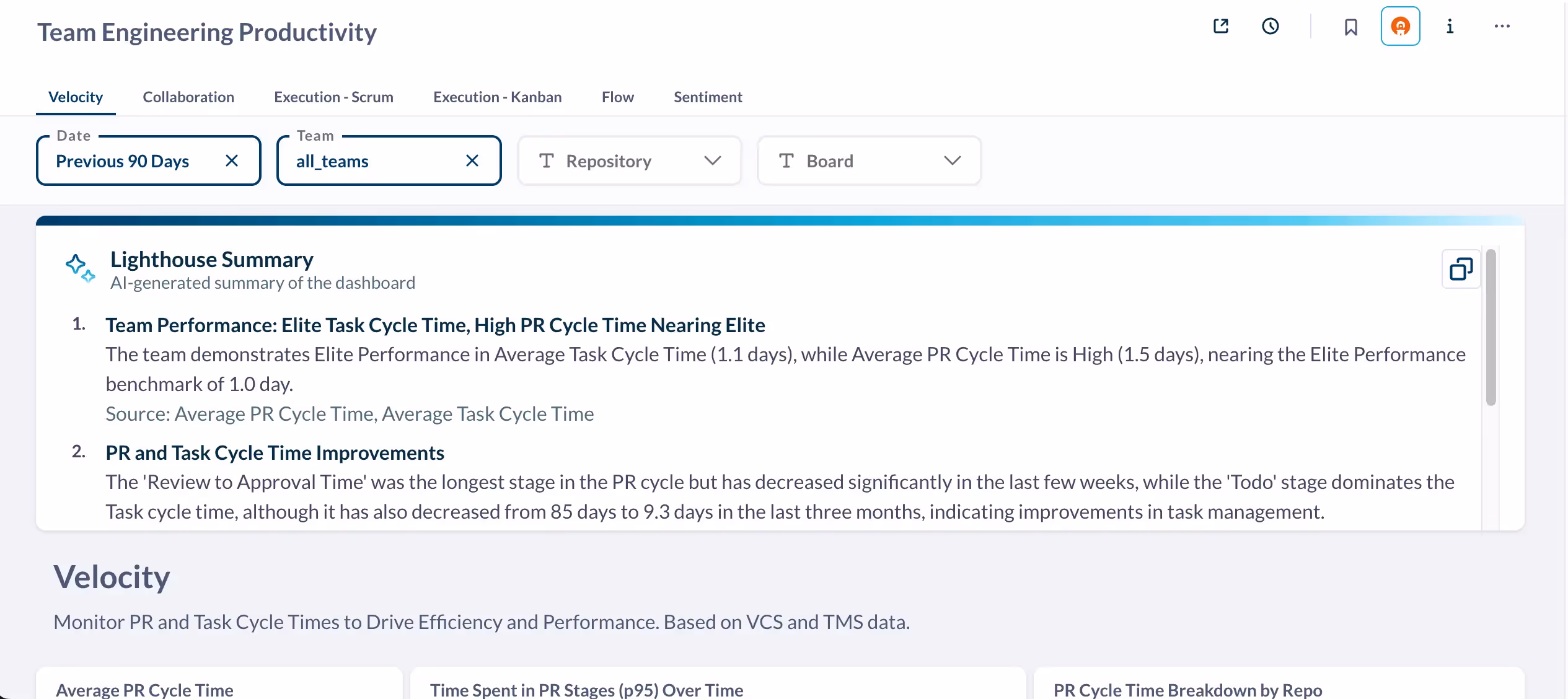 Screenshot of Engineering Productivity dashboard with AI insights across tabbed dashboards covering velocity, collaboration, execution (scum or kanban), flow and sentiment