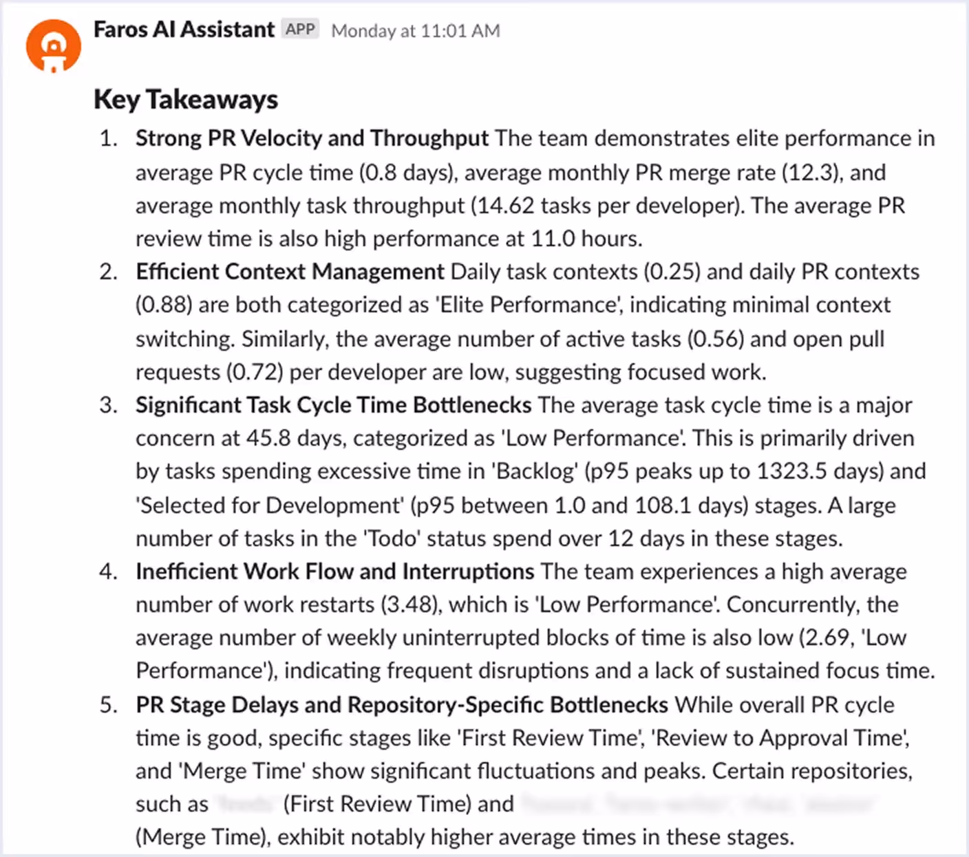 Faros AI delivers the key takeaways from your engineering metrics directly to Slack, Teams, or Inbox. 