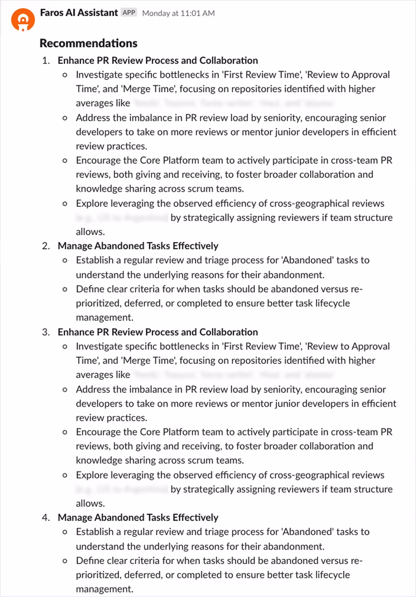 Recommendations for how to fix productivity issues identified by Faros AI. 