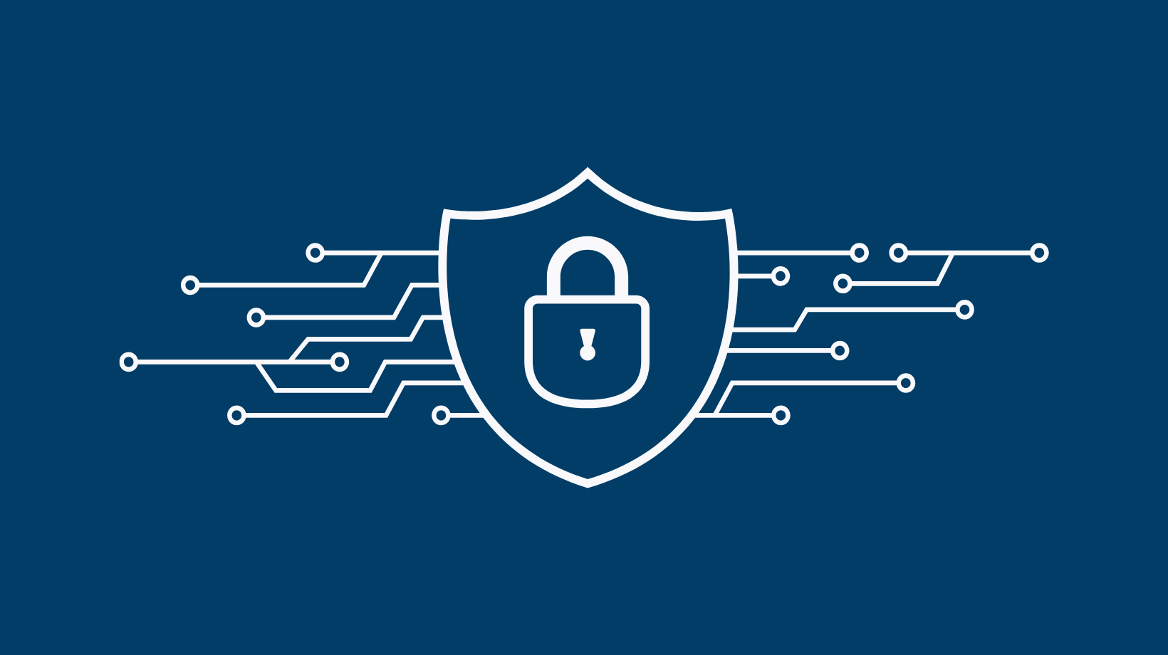 shield and lock with digital decorationson a dark blue background
