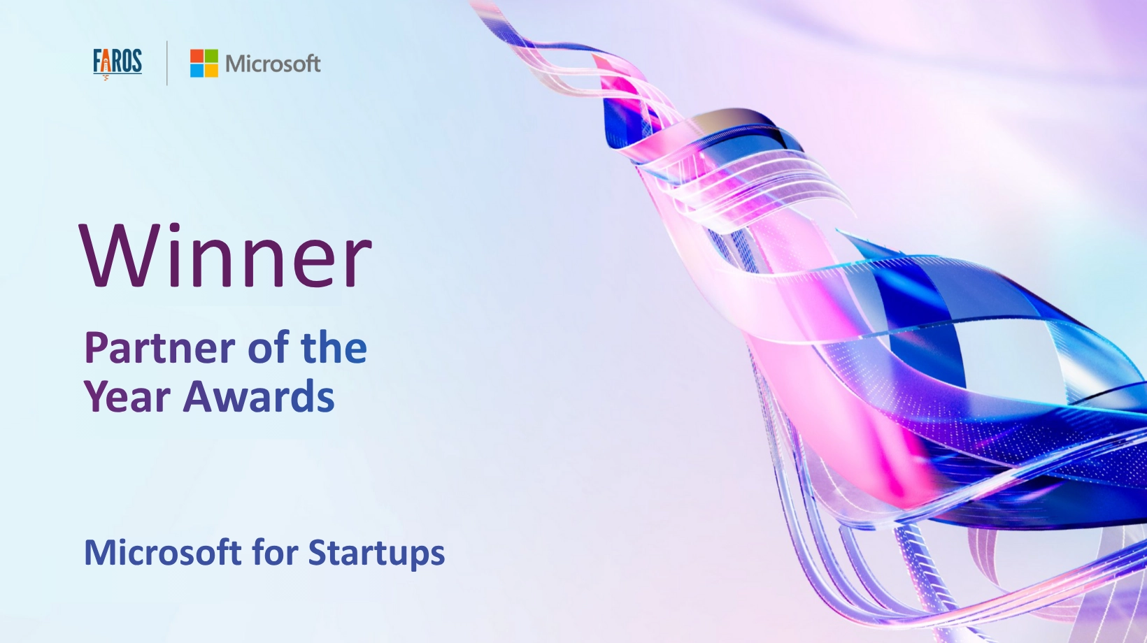 Graphic announcing Faros AI as the winner of the Microsoft Partner of the Year Awards in the Microsoft for Startups category. The image features the Faros AI and Microsoft logos at the top, with “Winner” and “Partner of the Year Awards – Microsoft for Startups” in bold text on a light blue and purple abstract background with swirling ribbon-like shapes.