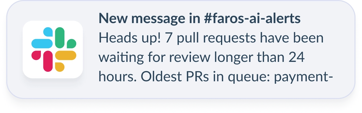 Slack message from Faros AI notifying that 7 pull requests have been waiting for review for longer than 24 hours.