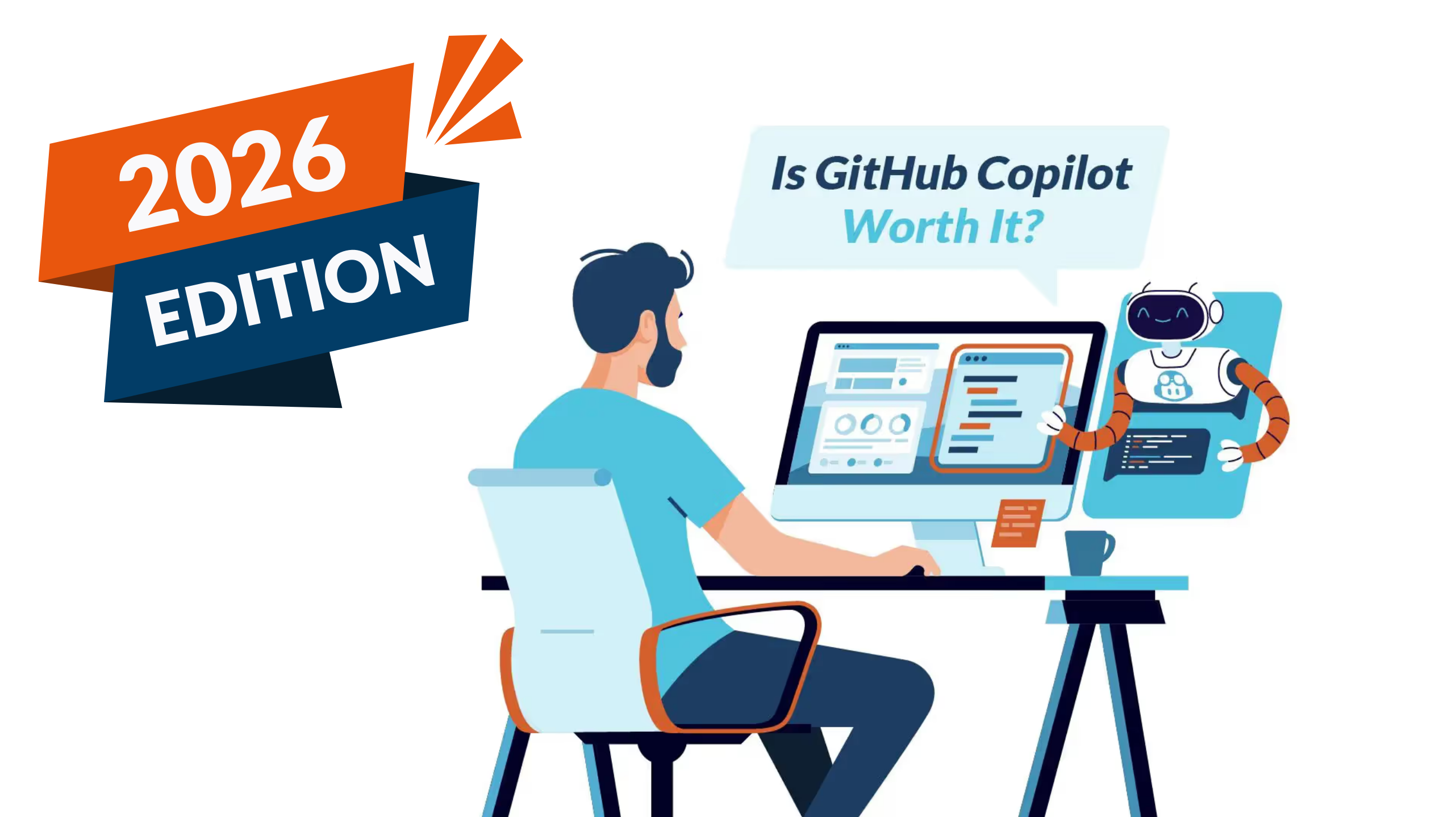 Is GitHub Copilot Worth It Faros AI blog banner image of developer utilizing copilot, 2026 edition