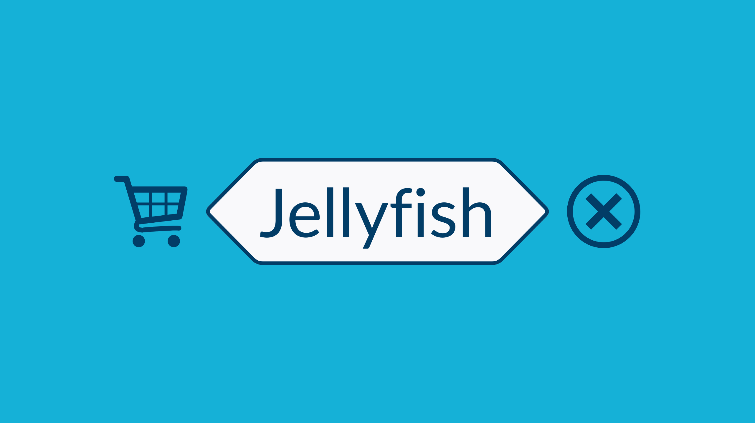 Light Blue Background with a shopping cart icon on the left, the word Jellyfish in the center, and an x in a circle to the right