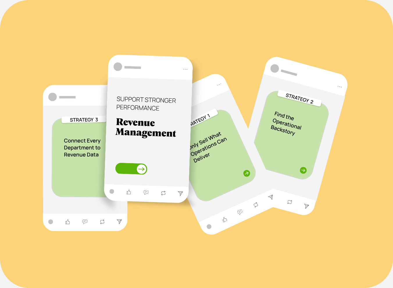 Graphic showing three revenue management strategies: connecting departments to revenue data, aligning operations with sales commitments, and understanding operational performance trends.