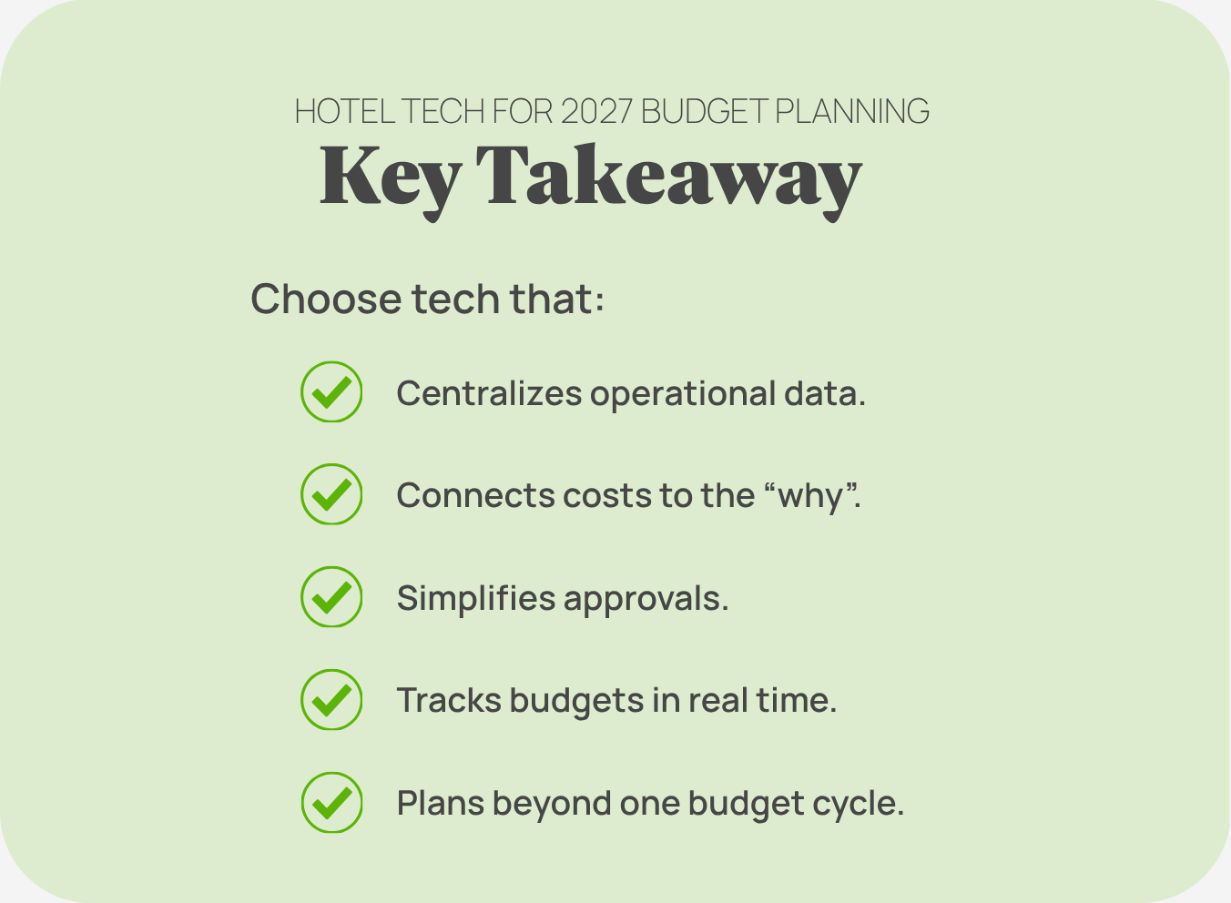 Graphic outlining hotel technology budget planning considerations, including centralized data, cost visibility, approval workflows, real-time budget tracking, and long-term planning.