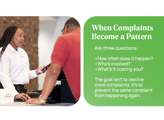 Graphic encouraging hotel teams to examine how often guest complaints occur, who is involved, and what recurring complaints are costing the property.